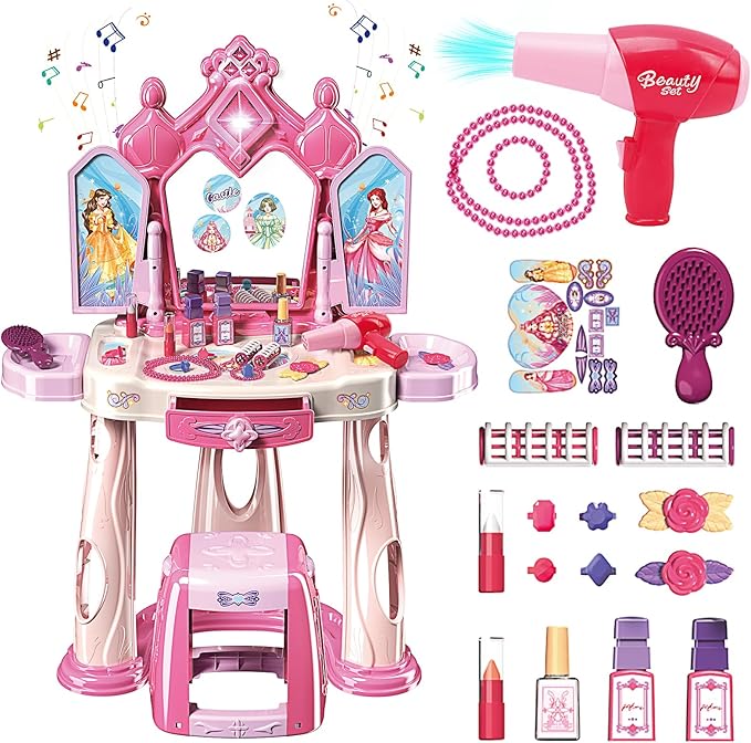 Pretend Play Girls Makeup Table Set with Stool,Open Doors by Gestures,Kids Vanity Set with Lights and Music,Toddler Beauty Salon Set with Makeup Accessories & Hair Dryer,Toy for Toddlers 2-5 Years Old
