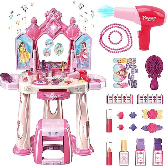 Pretend Play Girls Makeup Table Set with Stool,Open Doors by Gestures,Kids Vanity Set with Lights and Music,Toddler Beauty Salon Set with Makeup Accessories & Hair Dryer,Toy for Toddlers 2-5 Years Old
