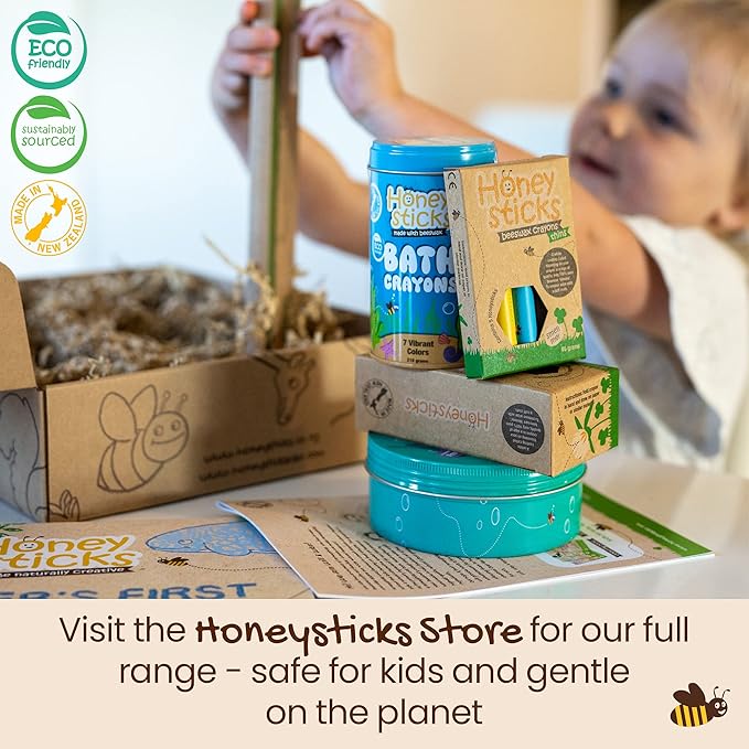 Honeysticks 100% Pure Beeswax Crayons Natural, Non Toxic, Safe for Toddlers, Kids and Children, Handmade in New Zealand, For 1 Year Plus (12 Pack with Book) Best Gift