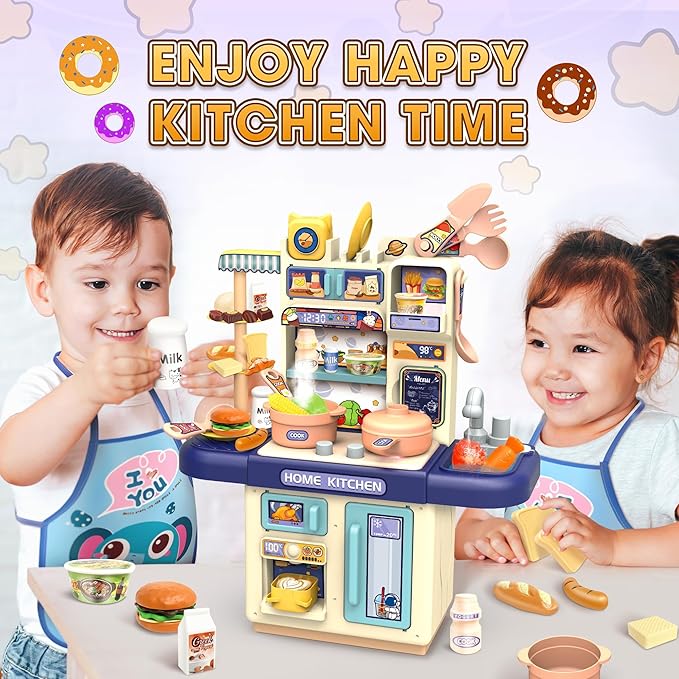 Mini Kids Kitchen Playset with Apron, Play Kitchen Toy with Realistic Steam and Lights, Play Sink and Toy Kitchen Accessories, Pretend Play Gift for Toddlers 3-5 Boys Girls (Blue)