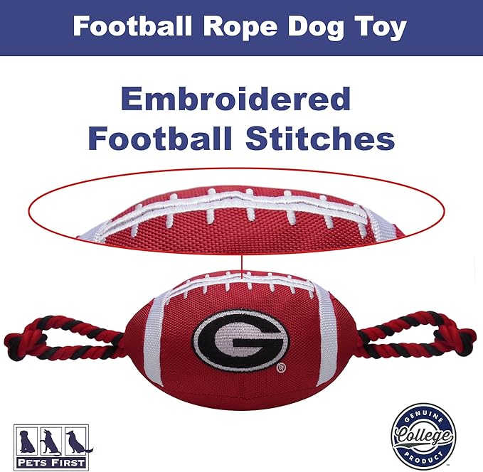 Pets First NCAA Georgia Bulldogs Football Dog Toy, Tough Quality Nylon Materials, Strong Pull Ropes, Inner Squeaker, Collegiate Team Color