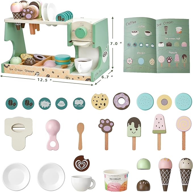 Wooden Ice Cream Toy, 3-in-1 Ice Cream Counter with Coffee Maker 28 PCS Toddler Pretend Play Kitchen Accessories Wooden Toys for 3 4 5 6 Year Old Girl or Boy (Ice Cream)
