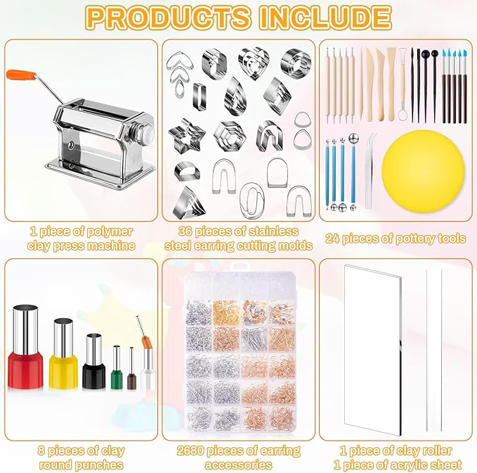 Huquary 2751 Pcs Polymer Clay Cutters for Earrings Making Polymer Clay Press Machine Jewelry Accessories Modeling Clay Sculpting Tools Clay Roller Acrylic Sheet Clay Earring Making Kit for DIY
