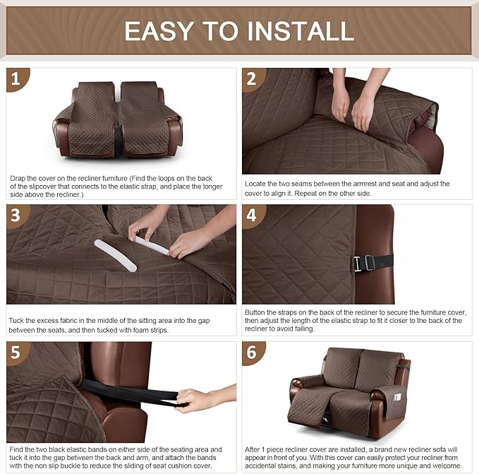 KinCam Waterproof Loveseat Recliner Cover, Non-Slip Reclining Couch Covers for 2 Seat, Recliner Sofa Cover Furniture Protector with Elastic Straps for Kids, Pets, Deep Brown