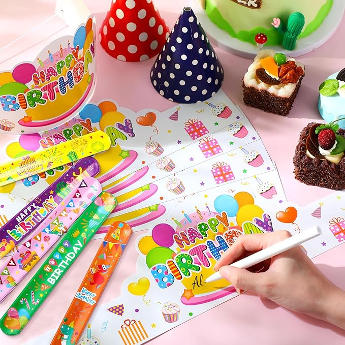 Yunsailing 108 Pcs Happy Birthday Party Supplies for Kids Include 36 Birthday Paper Crowns 36 Birthday Badge Stickers 36 Happy Birthday Slap Bracelets for Classroom School Party Supply (White Color)