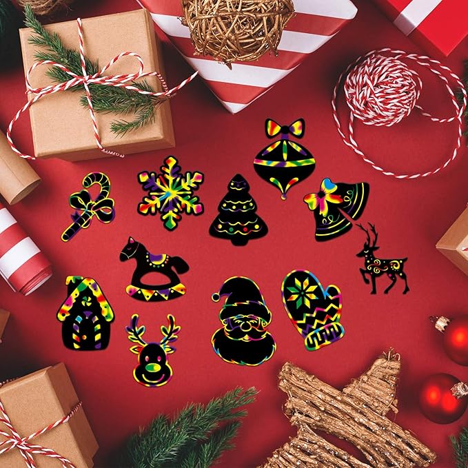 LOKIPA Christmas Scratch Paper Art Set, 80 Pieces Magic Rainbow Scratch Off Cards Ornaments for Kids Christmas