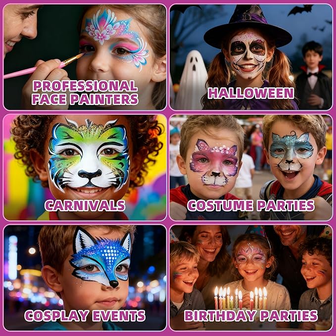 WUO Professional Face Painting Kit for Kids Adults, 12x10g+4 Colors Split Cake Palette with Stencils Sponge, Non-Toxic Water-Activated Rainbow Body Face Paint Makeup for Halloween Christmas Partie