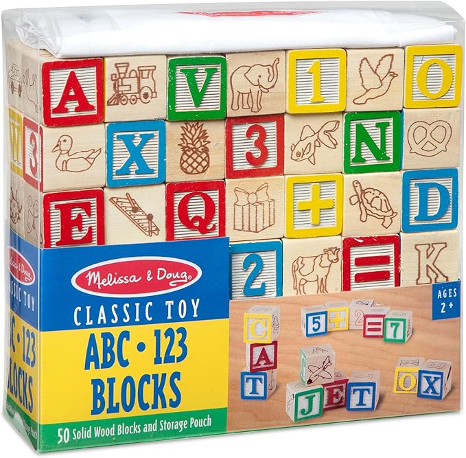 Melissa & Doug Deluxe ABC/123 1-Inch Blocks Set With Storage Pouch (50 pcs) - Letters And Numbers/ABC Classic Wooden Blocks For Toddlers And Kids Ages 2+