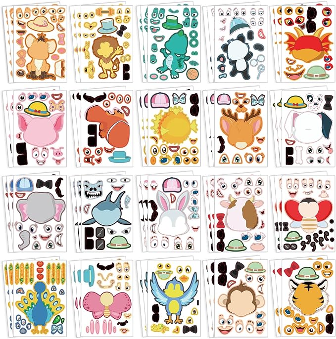 sinceroduct Make a Face Stickers for Kids, 60 PCS Multicolor Animal Decals, Paper Surface, Reusable, for Party Favors, Gifts, Rewards, Art Craft