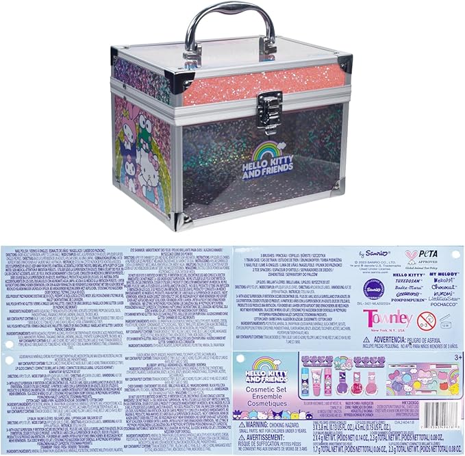 Hello Kitty & Friends - Townley Girl Train Case Makeup Set for Kids, Includes Lip Gloss, Eye Shimmer, Nail Polish, Brushes, and More! Perfect for Parties, Sleepovers, and Makeovers. Non-Toxic, Ages 3+