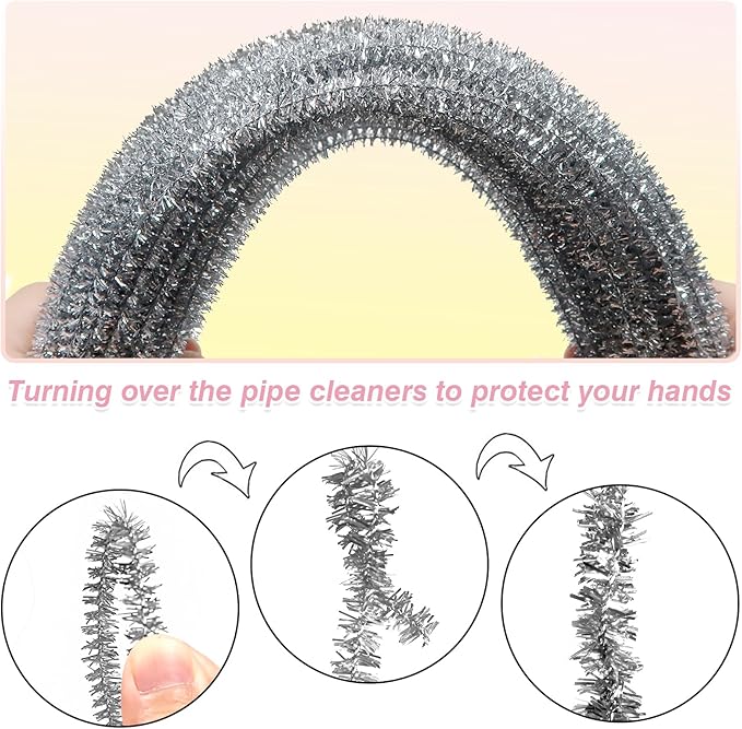 TOAOB 100pcs Christmas Glitter Pipe Cleaners Silver Metallic Pipe Cleaners Craft Supplies 6mm x 12 Inch Chenille Stems Pipe Cleaners for Art DIY Crafts Decorations