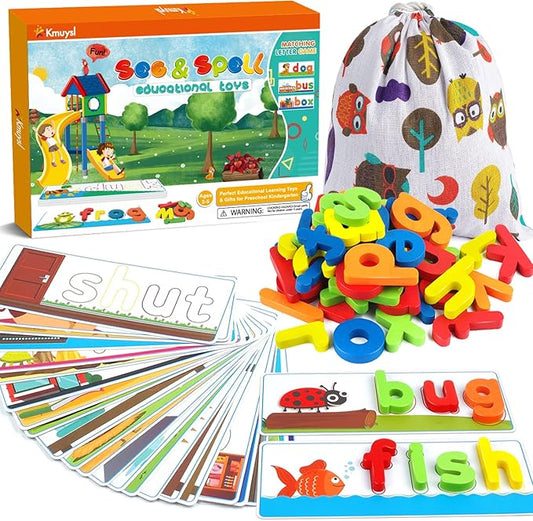 KMUYSL Learning Toys for 2 3 4 5 6 Years Old Boys and Girls - See & Spell CVC Word Builders with Alphabet Cards for Kids, Preschool Learning Activities Toys, Idea Birthday Gifts for Age 2-4 4-6 Kids