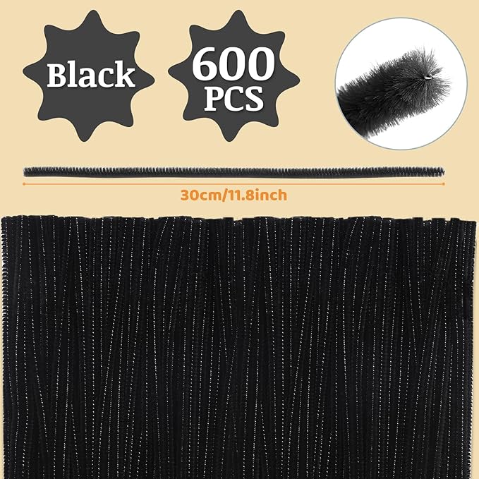 Zlulary 600 PCS Pipe Cleaners, Black Pipe Cleaners for Hair, Pipe Cleaner Crafts Fluff Fuzzy Stick Pipe Cleaners Bulk for Wig Weaving DIY Halloween Decorations