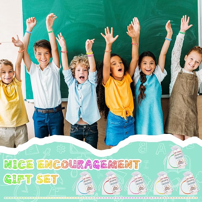 Liliful 72 Pcs Motivational Wristbands Gifts Set for Students, Back to School Gifts Colored Inspirational Silicone Bracelets with Inspirational Cards Organza Bags Classroom Goodie Bag Fillers