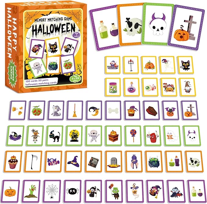 gisgfim 50 Pairs Memory Matching Game Happy Halloween Concentration Memory Games for Kids Educational Ages 3-8 A Fun & Fast Halloween Theme Memory Matching Games