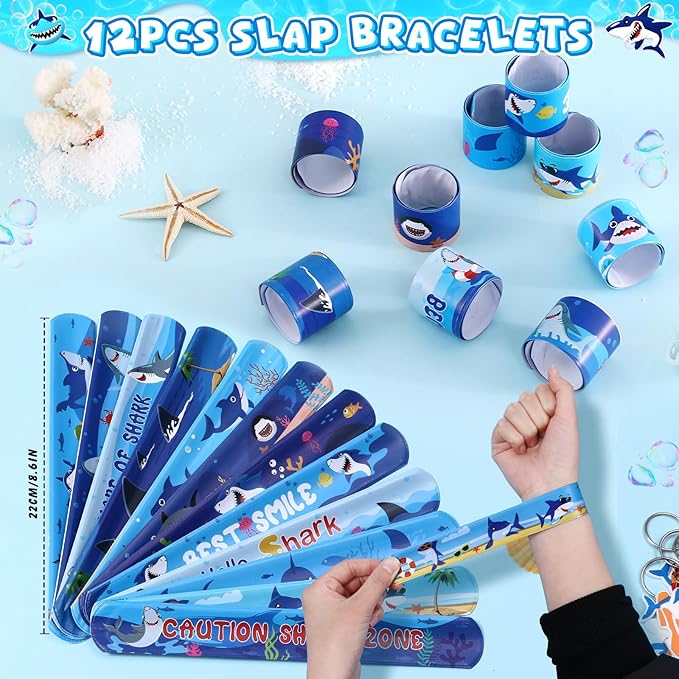 110Pcs Shark Party Favors Birthday Supplies, Straws Bubble Wands Slap Bracelet Keychain Tattoo Sticker Toy Gift Baby Kids Boys Shark Valentines Goodie Bag Stuffer Ocean Under the Sea Party Favors