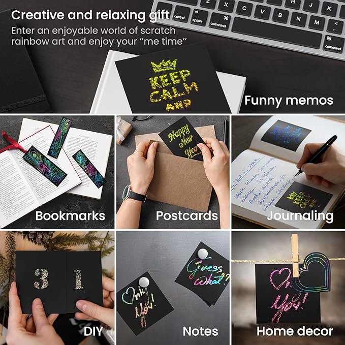 ARTEZA Scratch Paper, Set of 202 Notes, 3.5 x 3.5 Inches, 200 Holographic and 2 Gold-Foil Star Backgrounds