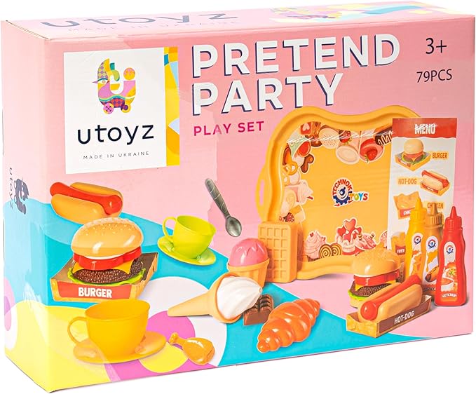 Pretend Play Kitchen Toys Cookware (79PCS) with Play Food Toy Set - Play Dishes Cookware Set - Play Food Set for Toddler Boys Girls 3+ Years - Hot Dog Ice Cream Burger