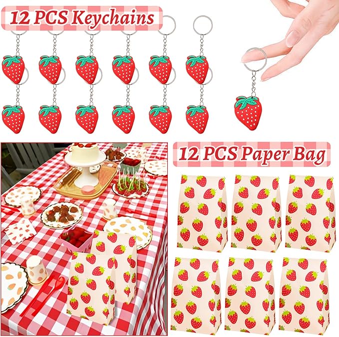 Strawberry Party Favors 110PCS Strawberry Theme Slap Bracelets Stickers Key Chains Badge Gift Bags Temporary Tattoos for Kids Baby Shower Berry First Birthday Party Supplies Decorations