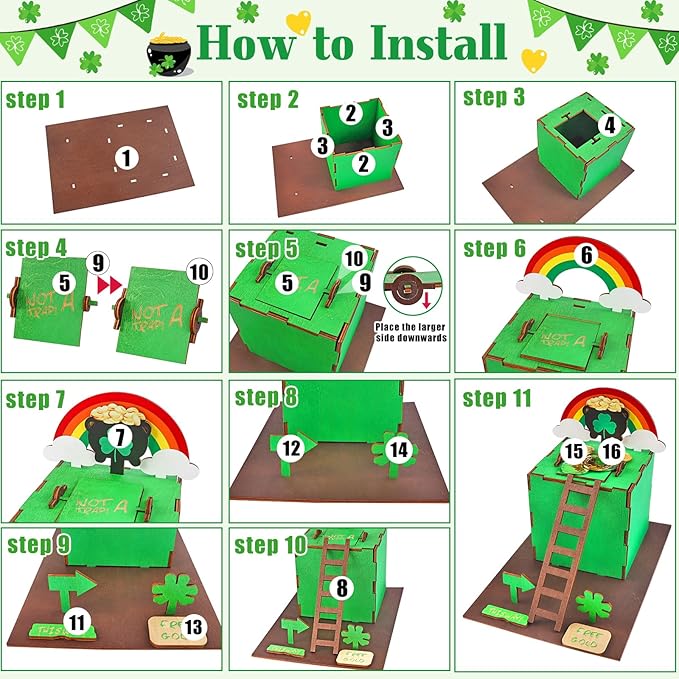 RGJ St Patrick's Day Leprechaun Trap Kit for Kids, Wooden DIY Leprechaun Trap Craft Kit to Catch A Leprechaun, St Patrick's Day Decorations for Kids Party Supplies (Finished Painted)
