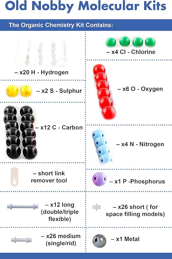 Old Nobby Chemistry Model Kit - 115 Piece Molecular Model Set with Atoms, Bonds, and Instructional Guide - STEM Science Tool for Students, Organic Chemistry and Molecular Learning - Colorful Models