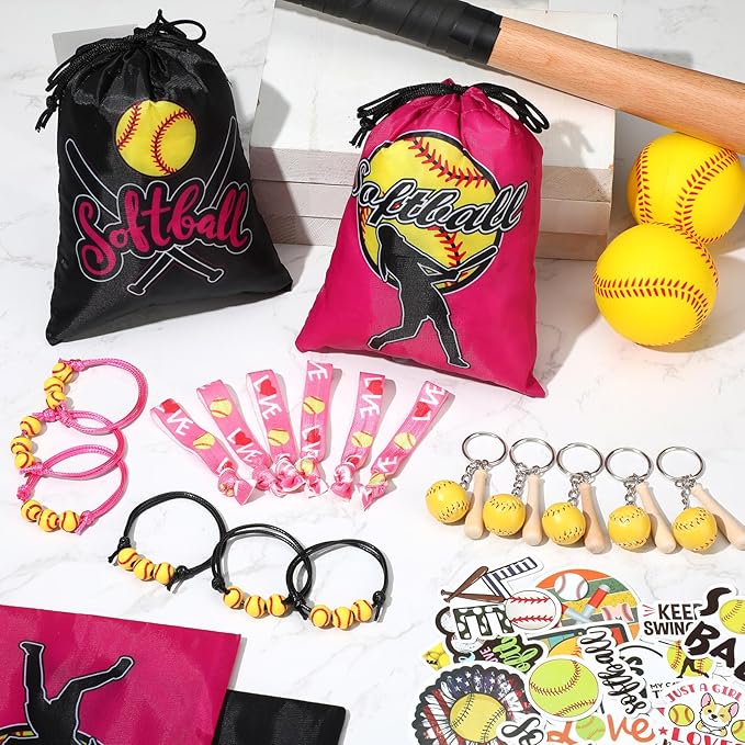 Jenaai 148 Pcs Softball Party Favors Include Softball Drawstring Bags Softball Charm Bracelets Softball Keychain Softball Hair Ties Softball Stickers, Softball Gifts for Women Birthday(Stylish)