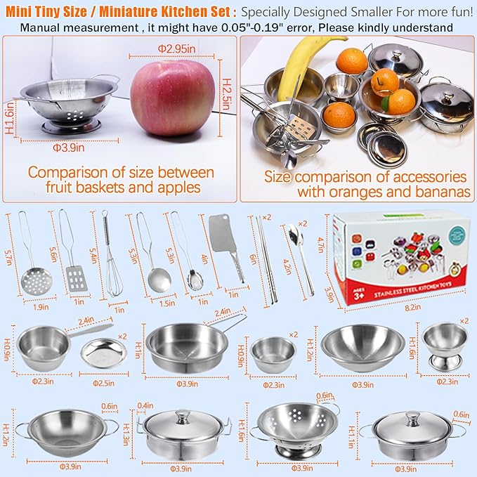 Tiny Classic Stainless Steel Kitchen Toys Cooking Utensils Set-Pretend Play Pots Pans Toy Cookware Kits for Kids Cooking Utensil Set Interactive Learning Role Play Educational Toys for Kids Mini Size