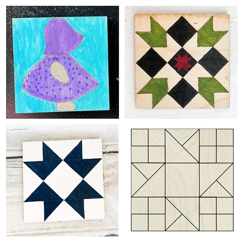 Set of Four 9 Inch Barn Quilt Kit DIY Pattern Unfinished Wood Quilting Block Sign Paintable Crafts for Women, Children, Men, Party (Dutch Girl, Patchwork Star, HST Double Friendship)