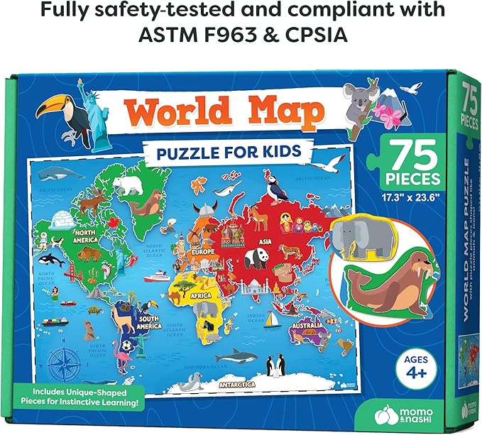 World Map Puzzle for Kids - 75 Piece - World Puzzles with Continents - Childrens Jigsaw Geography Puzzles for Kids Ages 4-8, 5, 6, 7, 8-10 Year Olds - Globe Atlas Puzzle Maps