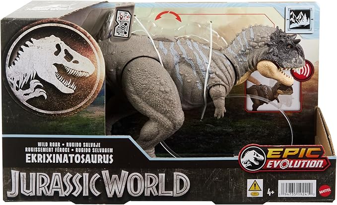 Mattel Jurassic World Wild Roar Dinosaur Toy with Sound & Attack Move, Ekrixinatosaurus Posable Action Figure Includes Digital Play, 11 inches Long