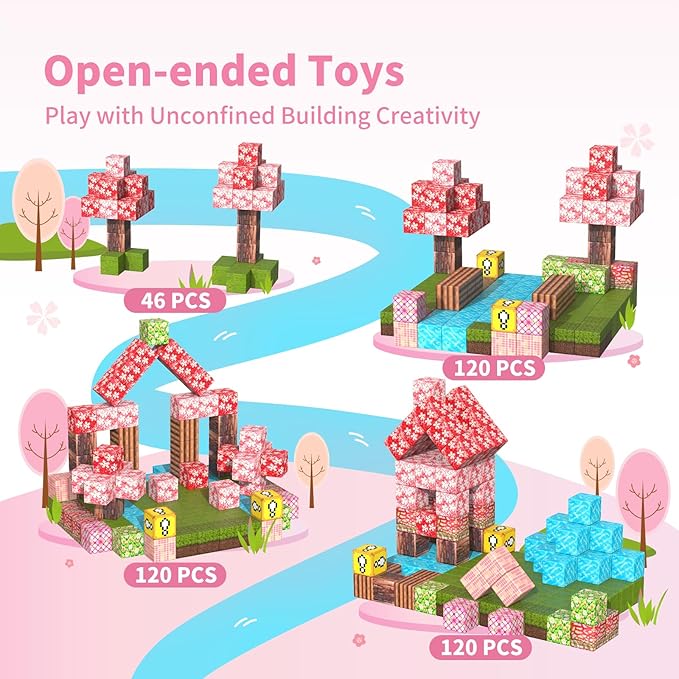 Magnetic Blocks-120PCS Magnets Cubes, Cherry Blossom Magnetic Building Blocks Toddler Magnetic Toys for Age 3-4 5-7 6-8,STEM Sensory Toys Birthday Gifts for 3+ Years Old Boys & Girls