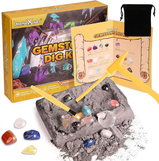 Gemstone Dig Kit, 16 Real Gem Stones and Crystals Excavation Kit, STEM Educational Toys Science Kit for Kids 5-7 8-12, Easter Basket Stuffers Gifts for Boys Girls
