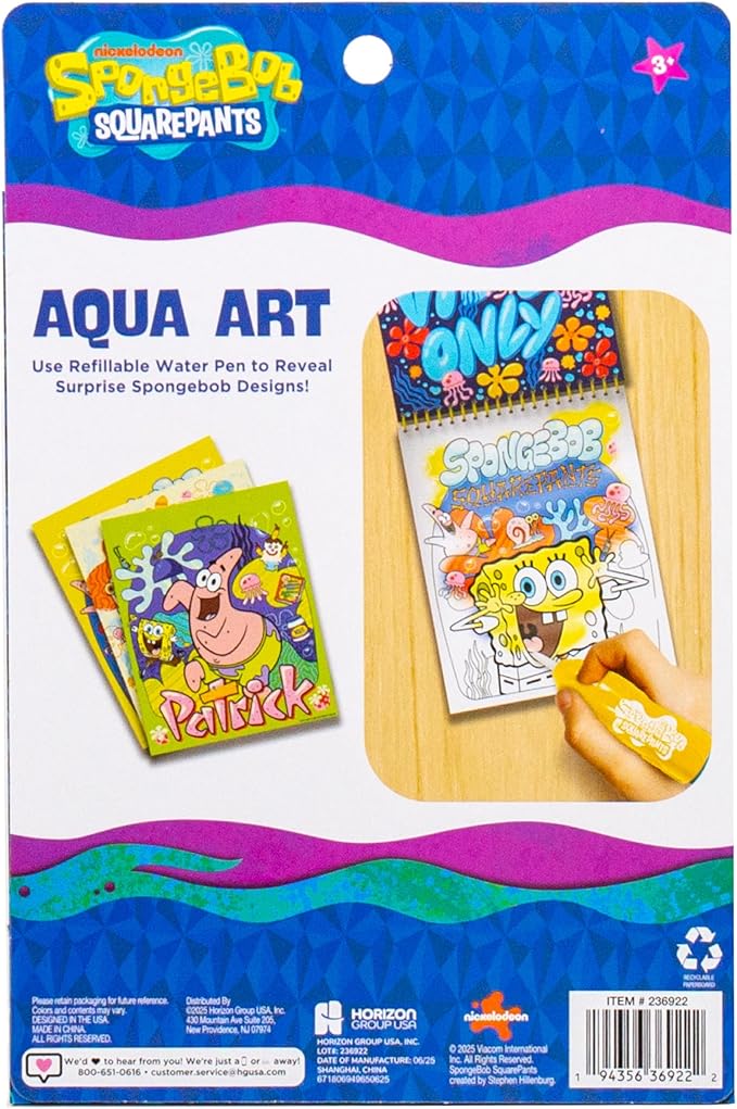 Spongebob Aqua Art, Mess-Free Water Reveal Coloring Book with Pen, No Mess Travel Activity Pad for Kids & Toddlers, Reusable Water Art Set, Preschool On-The-Go Toy, Mess Free Coloring for Toddlers
