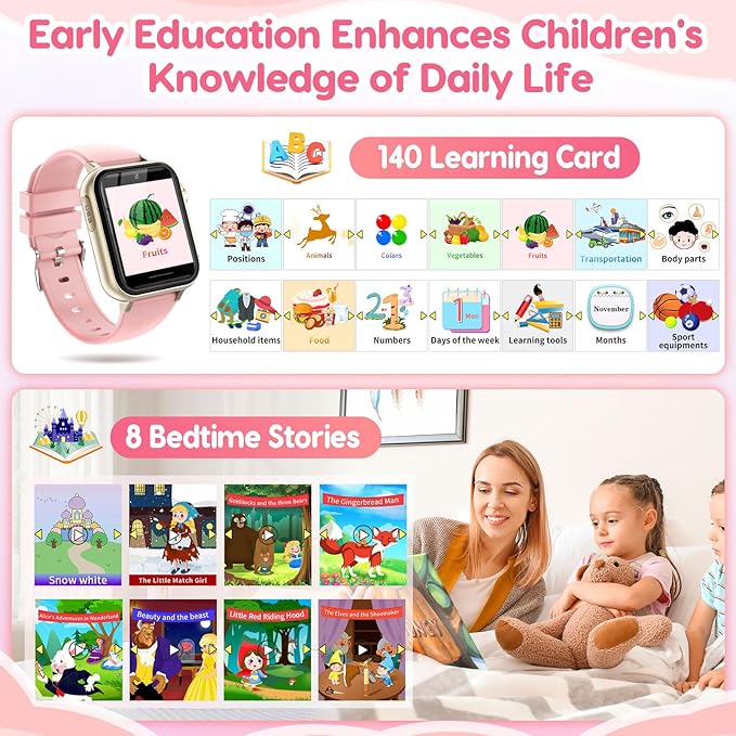 cjc Smart Watch for Kids Gift for Girls Ages 4-12 - Includes Screen Protector, 30+ Games, 140 Learning Cards, HD Touch Screen, Camera, Music, Pedometer - Fun & Educational Birthday Gift Idea (Pink)