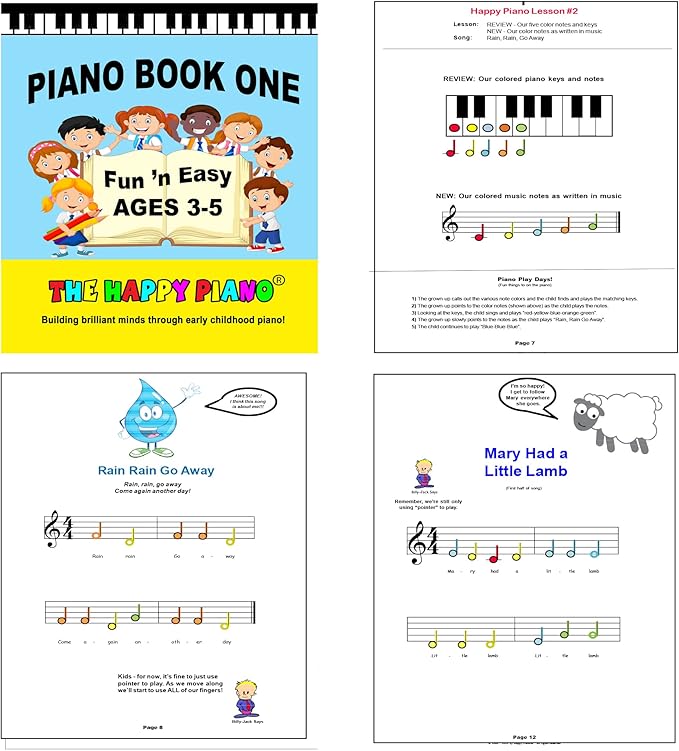 The HAPPY PIANO PRESCHOOLERS Book & Color-Coded Stickers KIT. SO EASY-to-FOLLOW. Kids Toddlers AGES 3-5. Beginner music book, BABY SHARK lesson video, FREE digital bonus, 20K taught since 2006!