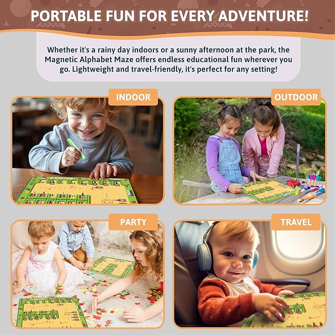 Magnetic Alphabet Maze Board - Portable & Educational Wooden Letter Puzzle Game, Interactive Fun for Toddlers Ages 3 4 5 6, Montessori Car Toys for Kids, Fine Motor Skills, Boys & Girls, Birthday Gift