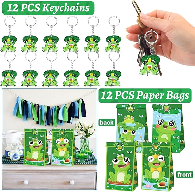 110 PCS Frog Party Favors, Frog Temporary Tattoos Slap Bracelets Keychains Stickers Badges Gift Bags for Frog Birthday Party Decorations Supplies Gifts for Kids Classroom Rewards Baby Shower