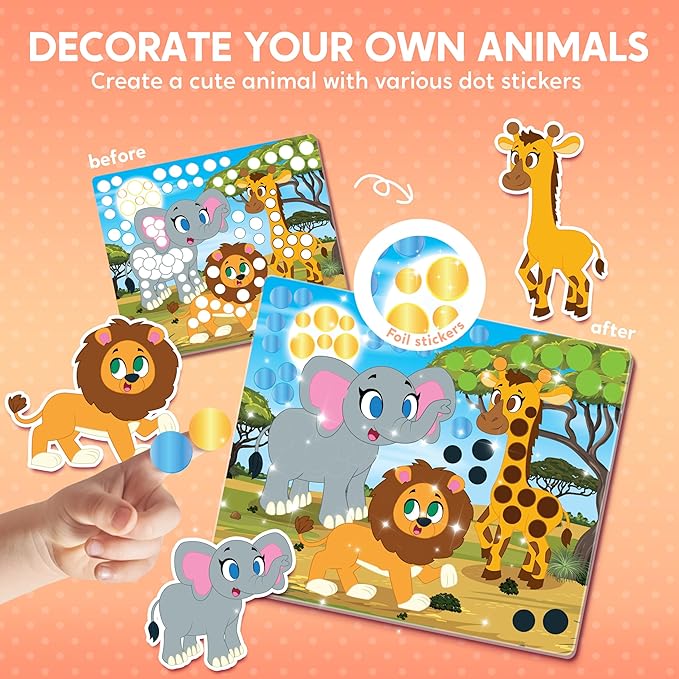 Klever Kits Dot Art Kit for Kids, No Mess Sticker for Toddlers 3-7, Craft Kits, DIY Creative Activity, Travel Toy, Birthday Gifts for Boys Girls (Animal)