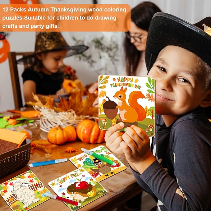 12 Pack Fall Thanksgiving Wooden Puzzles for Toddlers Autumn Puzzles Coloring Craft Kits for Kids Boys Girls Montessori Toys Harvest Party Favors Treat Bag Gifts Educational Learning Jigsaw Puzzle