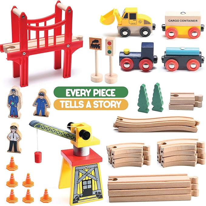 Play22 Wooden Train Set Toddler Toys - 38 Pieces Wood Train Track Set for Toddlers 3-4 Years with Crane, Bridge & Accessories