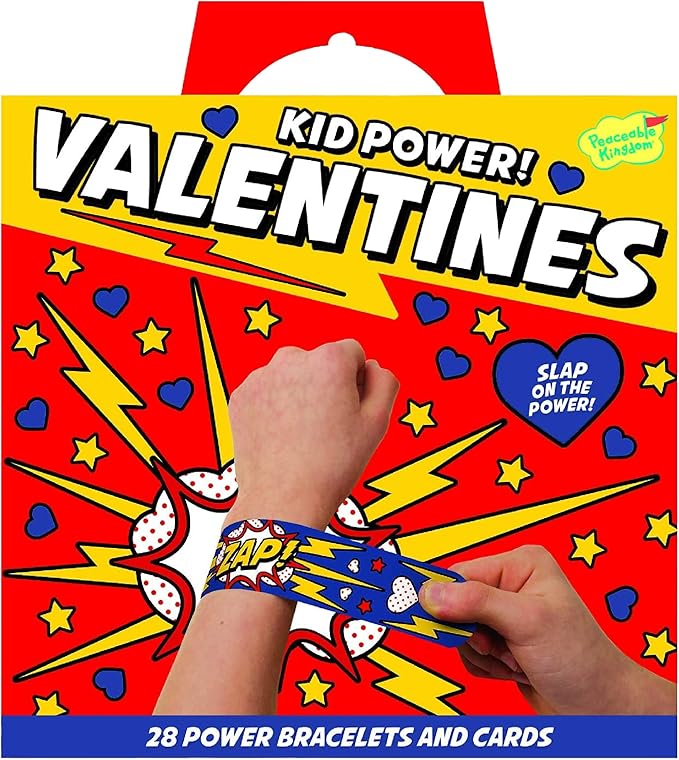 Peaceable Kingdom Valentines Cards for Kids Classroom, Set of 28 Valentines Day Gifts - Kid Power Slap Bracelets