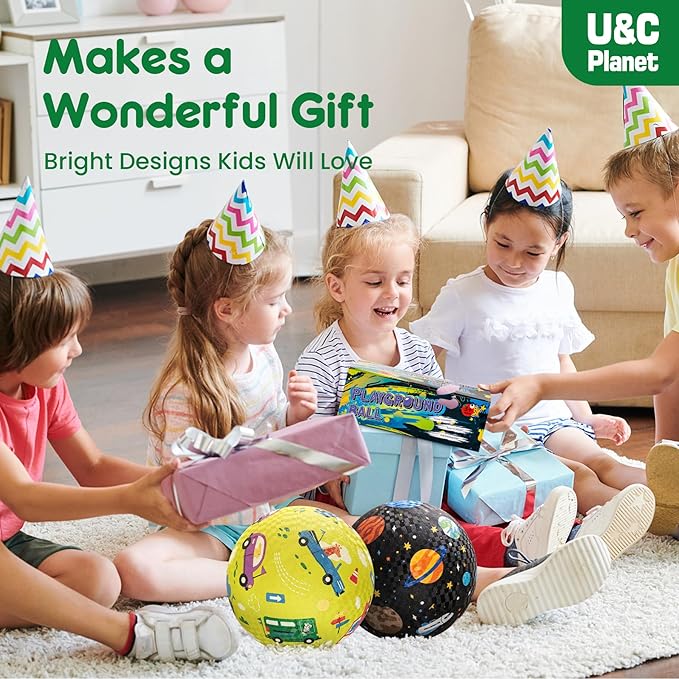 U&C Planet Playground Balls for Toddlers 1-3, 2 Pack 6 inch 8.5 inch Kickball for Kids Outdoor Indoor, Catoon Rubber Balls with Pump, Child Gift for Boys Girls 1-3 3-5 5-10