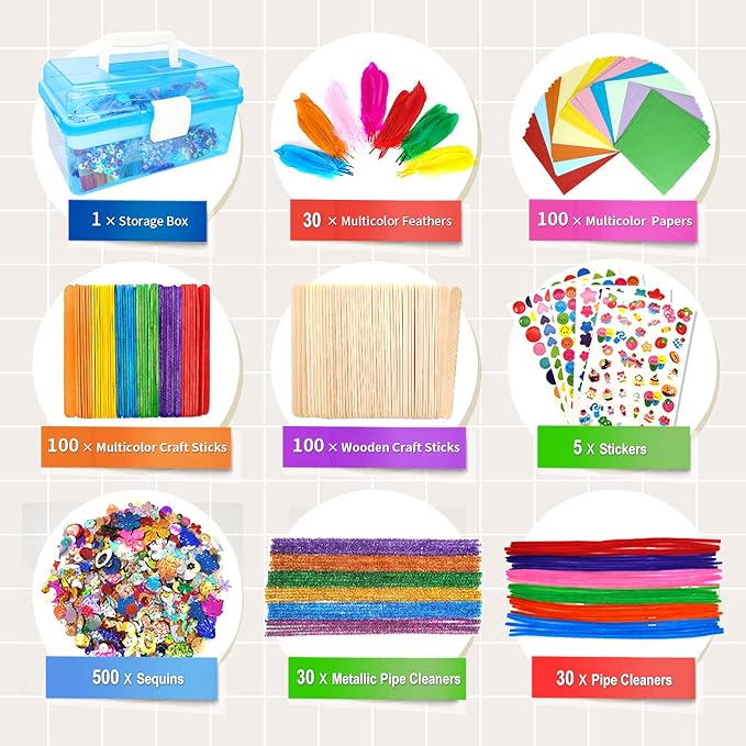 1000+ Pcs Art and Craft Supplies for Kids, Toddler DIY Craft Art Supply Set Included Pom Poms, Pipe Cleaners, Feather, Folding Storage Box - All in One for DIY Craft Set (Blue)