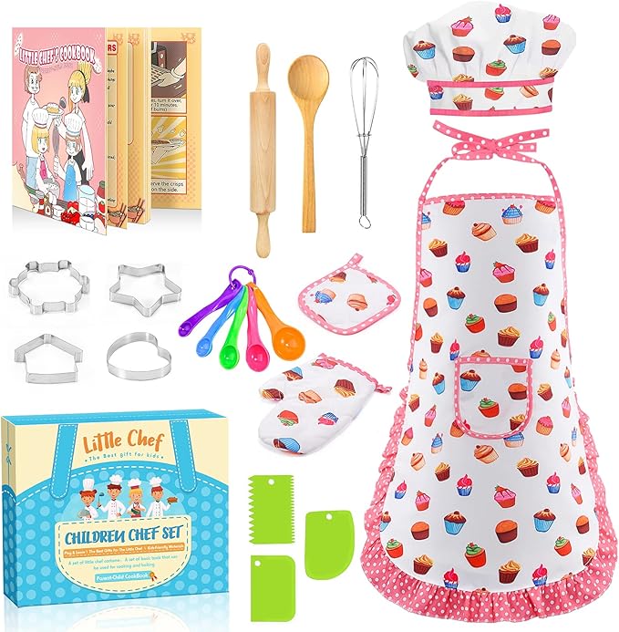 Toyze Birthday Gifts for 3-8 Year Old Girls Cute Stuff Apron for Girls Kids Cooking Sets Toddler Toys Kids Chef Hat and Apron Easter Christmas Stocking Stuffers White-with Cookbook