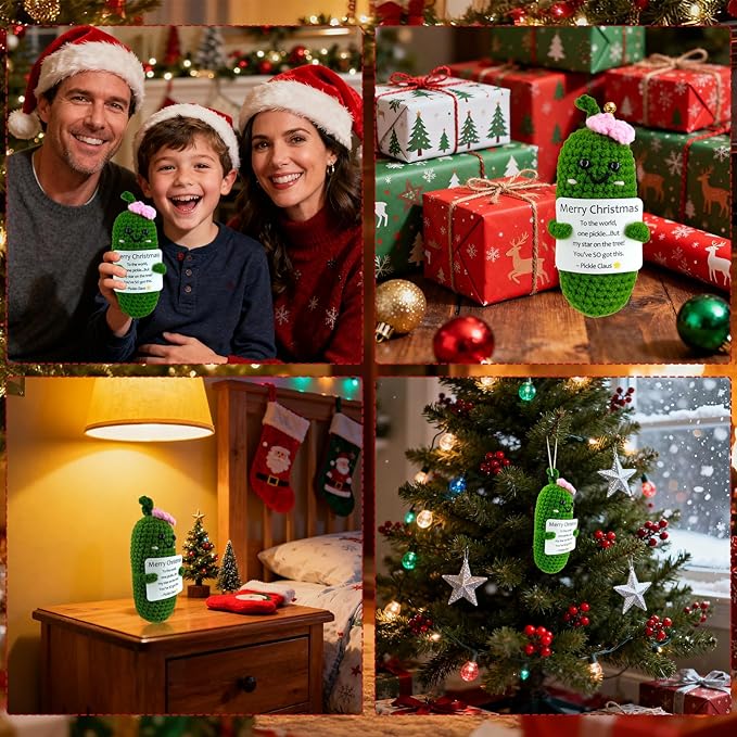 Handmade Crochet Merry Christmas Pickle Gift,Funny Festival Wishes Pickle Ornament with Encouragement Cards, Cute Knitted Crochet Dolls for Friends and Family