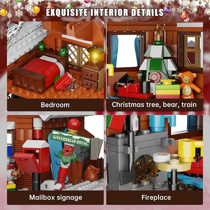 Christmas Gingerbread House Building Kit with LED Lights, Christmas Village House Blocks Set, Compatible with Lego, Xmas Decorative Gifts for Girls and Boys, Kids and Adults, Ages 6+