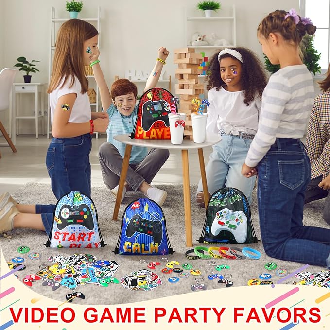 Sadnyy 140 Pcs Video Game Party Favors Birthday Party Decorations Supplies Drawstring Bags with Silicone Bracelets Keychains Straws Button Pins Stickers for Classroom Rewards Goodie Bags Stuffers