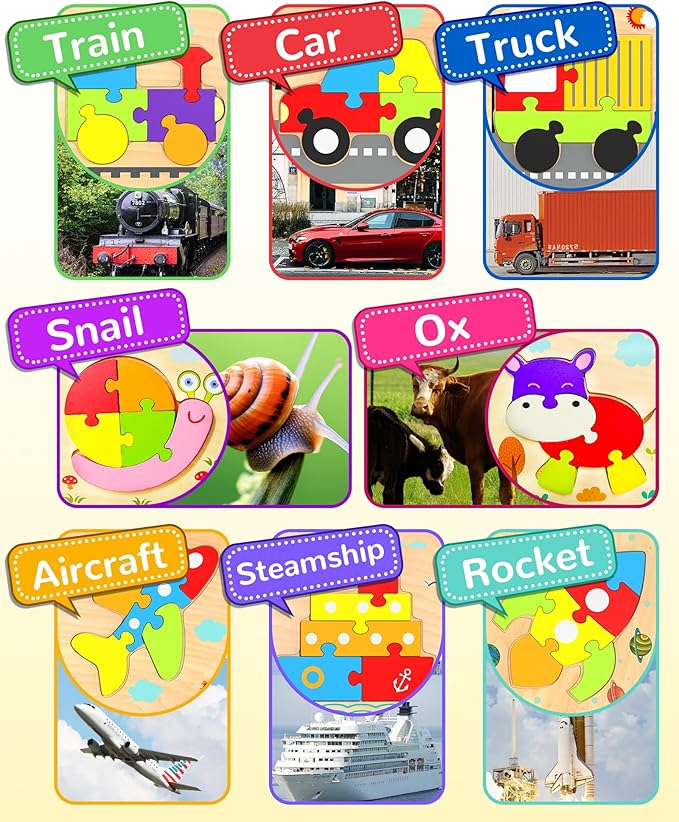 Yetonamr Wooden Toddler Puzzles Gifts Toys for 1 2 3 Years Old Boys Girls, 8 Vehicle Shape Montessori Toys Educational Blocks Kids Toys Gift Baby Learning Toy Age 1-3, 2-4
