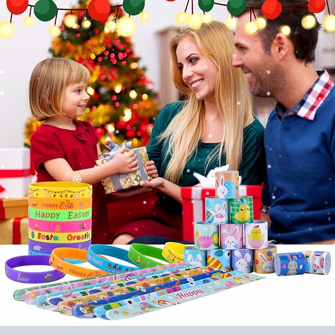xutengy 48Pcs Easter Party Favors Decorations Slap Bracelets Rubber Wristbands for Kids Girls Boys,Easter Basket Stuffers Easter Egg Fillers Gifts for Toddlers