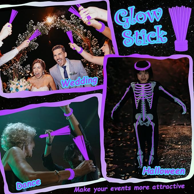 100 pk 8" Purple Glow Sticks Bulk Party Favors, Light up Glow Necklaces & Bracelets in the Dark Party Supplies For Christmas Halloween Mardi Gras Birthday Neon Party (100 * Purple)